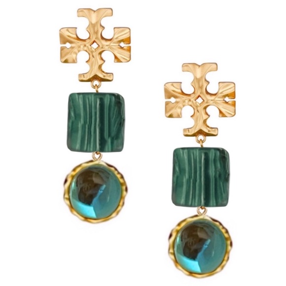 TORY BURCH • Roxanne Green Square Cube Double Drop Earrings - Picture 1 of 3